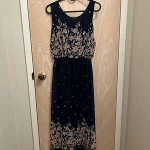Navy Blue Flora Midi Dress with Half Slip